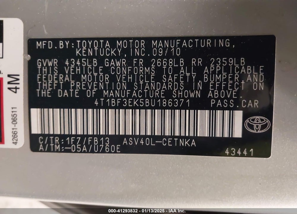 2011 TOYOTA CAMRY LE VIN: 4T1BF3EK5BU186371