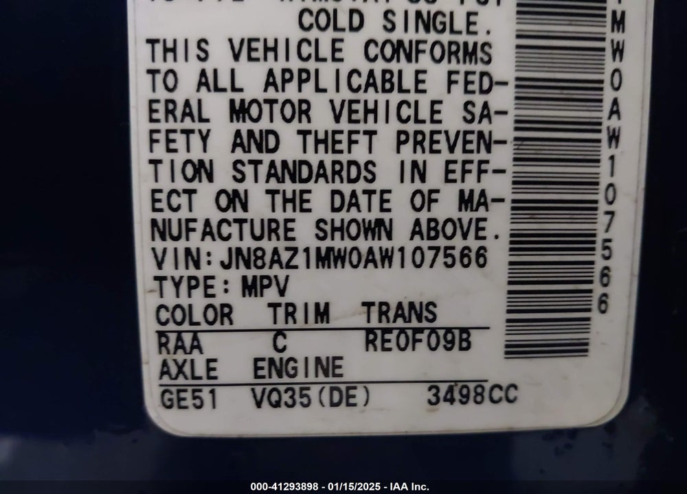 2010 NISSAN MURANO SL VIN: JN8AZ1MW0AW107566