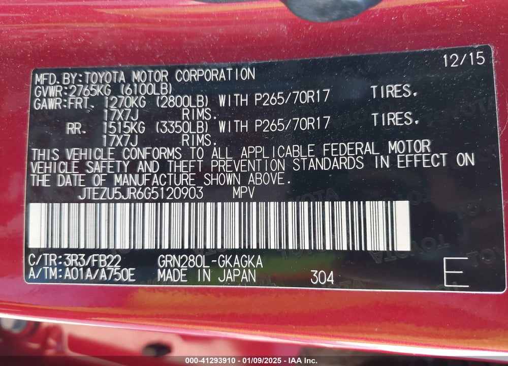 2016 TOYOTA 4RUNNER SR5 VIN: JTEZU5JR6G5120903