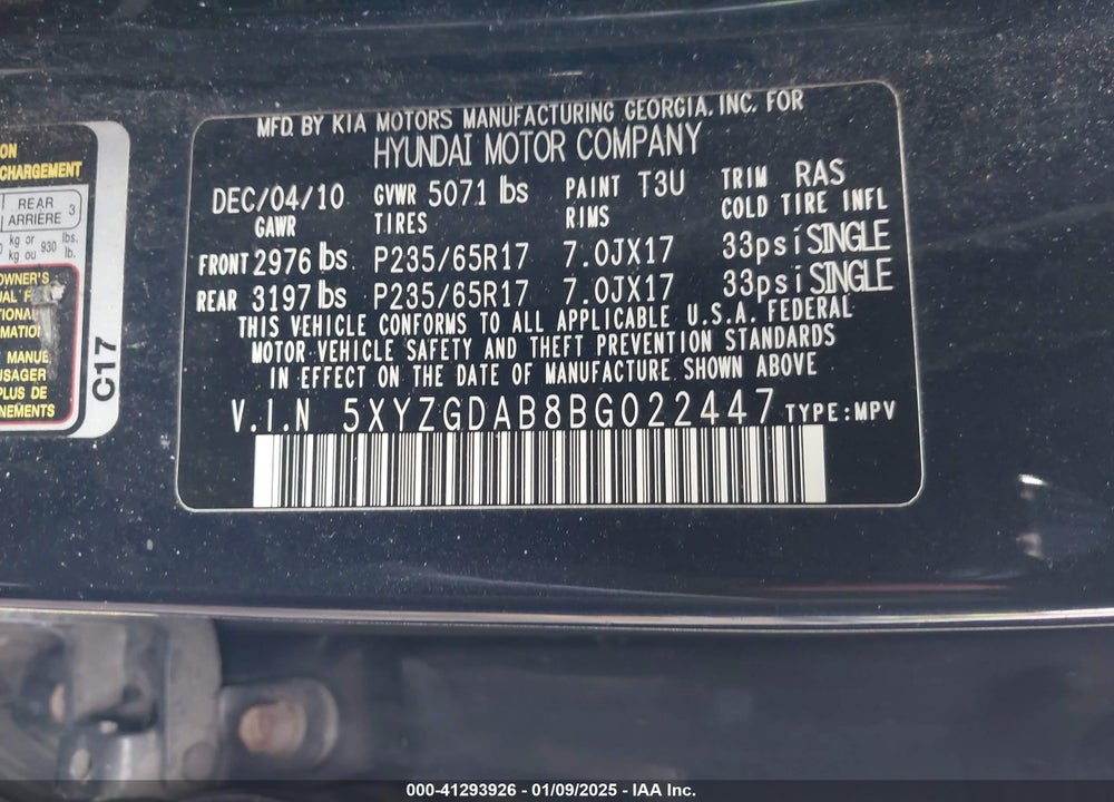 2011 HYUNDAI SANTA FE GLS VIN: 5XYZGDAB8BG022447
