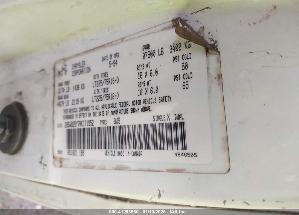 1994 DODGE RAM WAGON VIN: 2B5WB35Y7RK171952