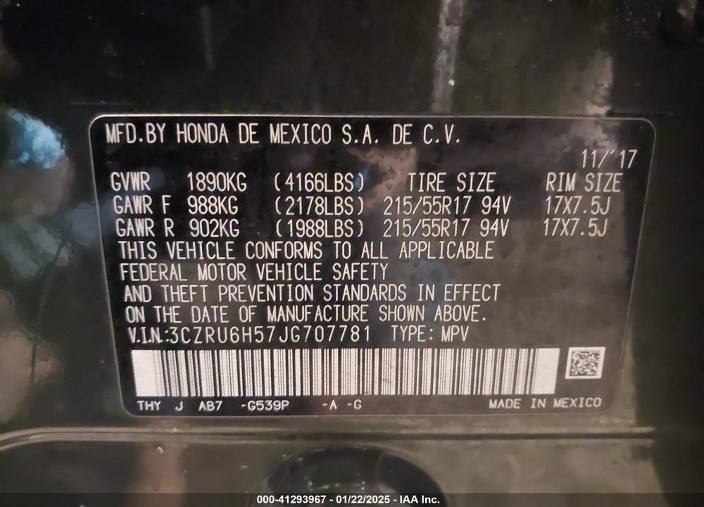 2018 HONDA HR-V EX VIN: 3CZRU6H57JG707781