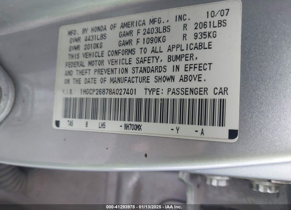 2008 HONDA ACCORD VIN: 1HGCP26878A027401