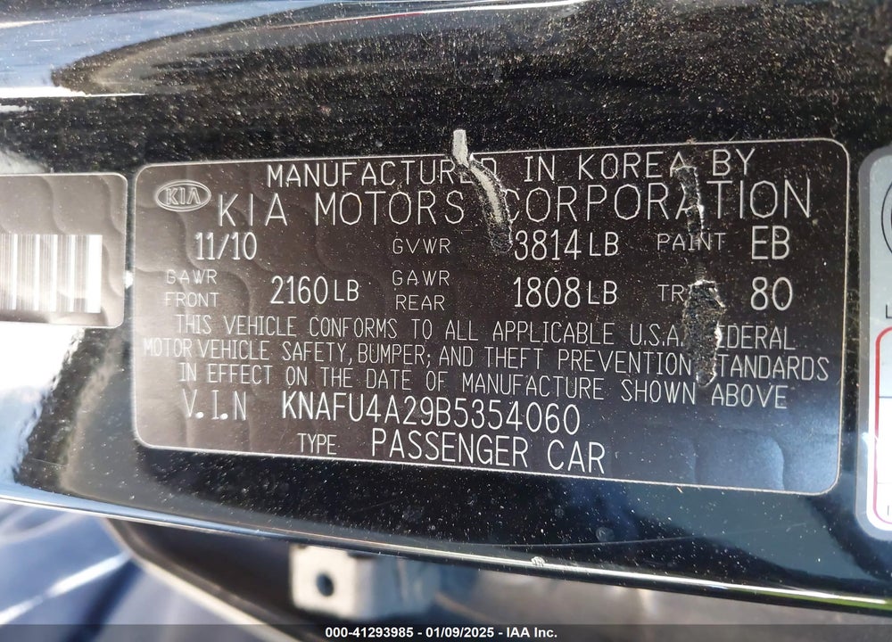 2011 KIA FORTE VIN: KNAFU4A29B5354060
