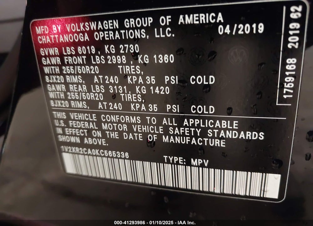 2019 VOLKSWAGEN ATLAS 3.6L V6 SE W/TECHNOLOGY R-LINE VIN: 1V2XR2CA0KC565336