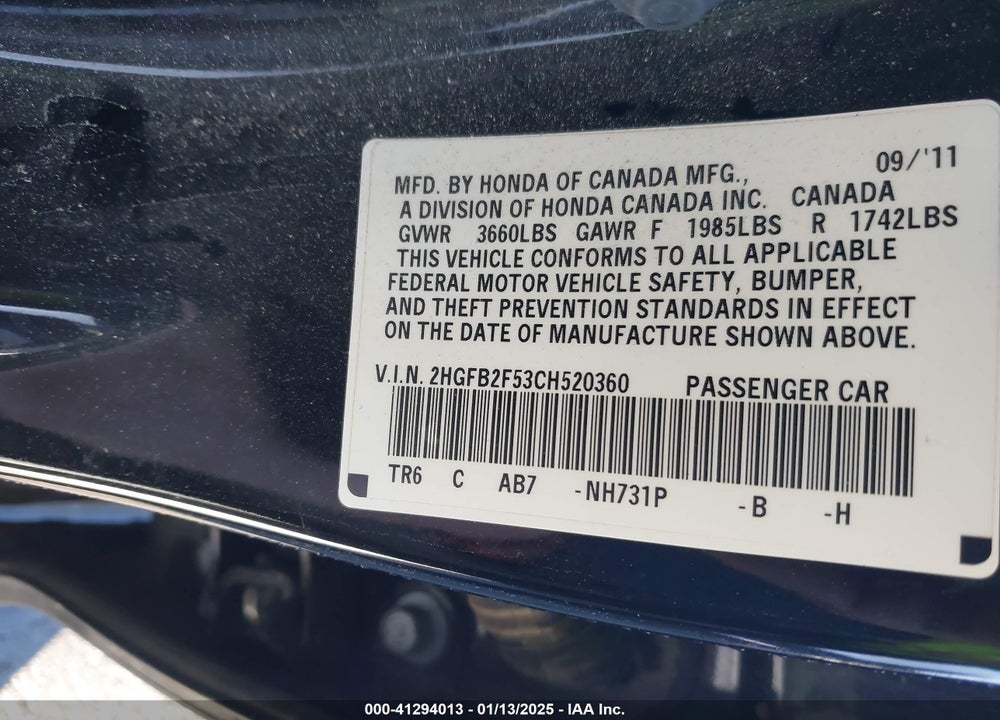 2012 HONDA CIVIC SDN LX VIN: 2HGFB2F53CH520360
