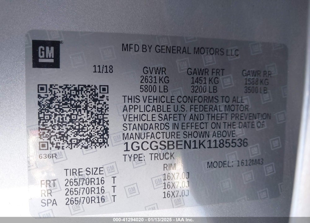 2019 CHEVROLET COLORADO WT VIN: 1GCGSBEN1K1185536