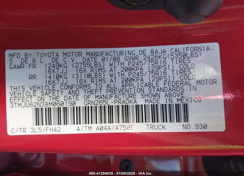 2008 TOYOTA TACOMA VIN: 3TMJU62N38M060190