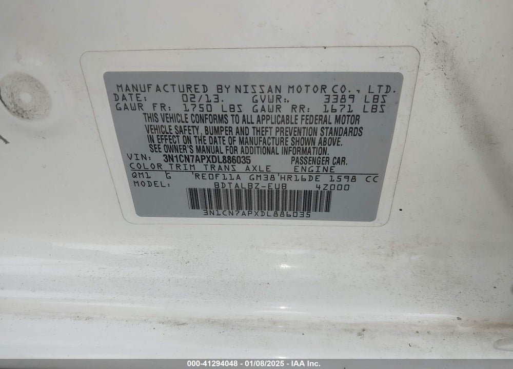 2013 NISSAN VERSA 1.6 SV VIN: 3N1CN7APXDL886035
