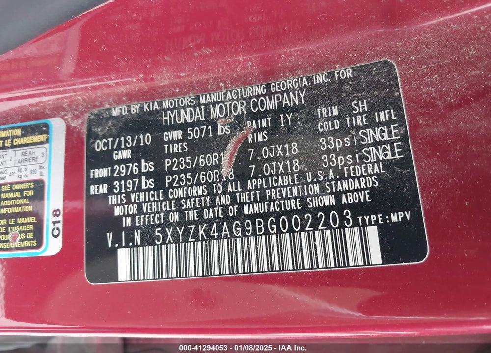 2011 HYUNDAI SANTA FE LIMITED V6 VIN: 5XYZK4AG9BG002203