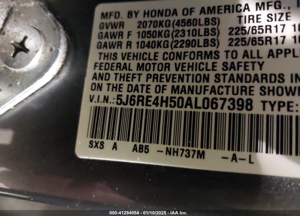 2010 HONDA CR-V EX VIN: 5J6RE4H50AL067398
