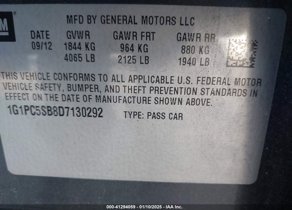 2013 CHEVROLET CRUZE VIN: 1G1PC5SB8D7130292