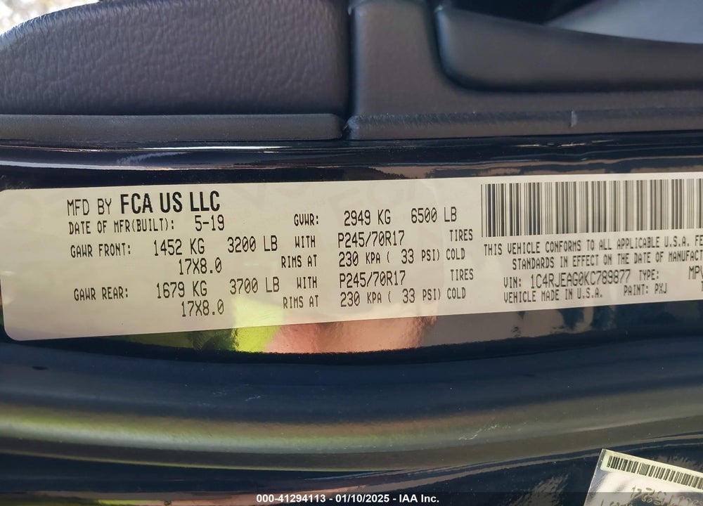 2019 JEEP GRAND CHEROKEE LAREDO E 4X2 VIN: 1C4RJEAG0KC789877