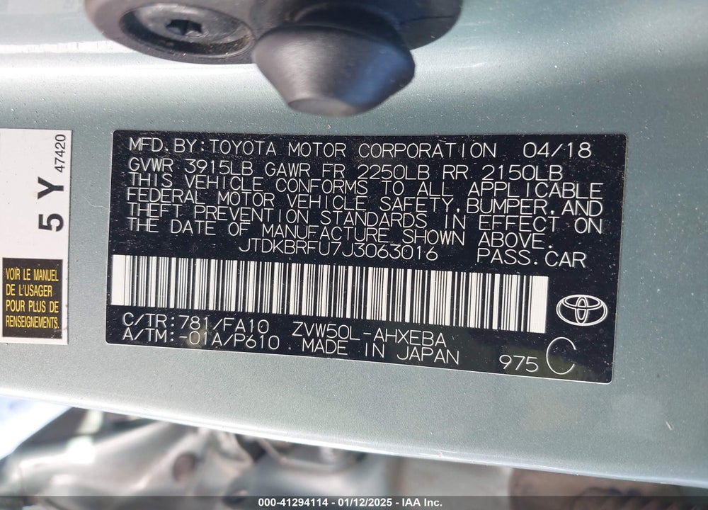 2018 TOYOTA PRIUS VIN: JTDKBRFU7J3063016