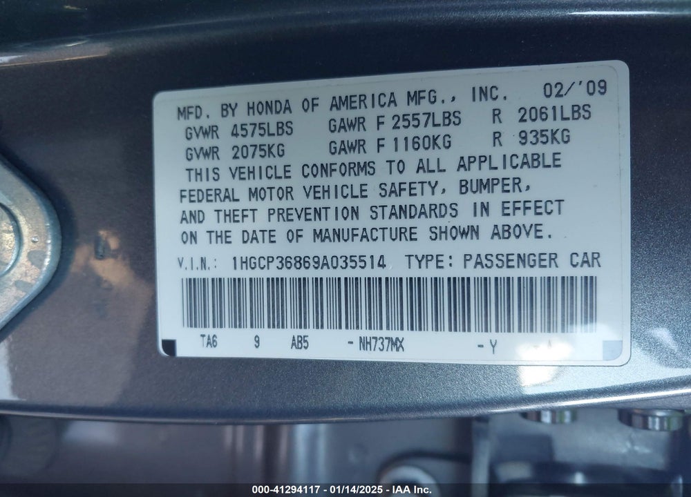 2009 HONDA ACCORD 3.5 EX-L VIN: 1HGCP36869A035514