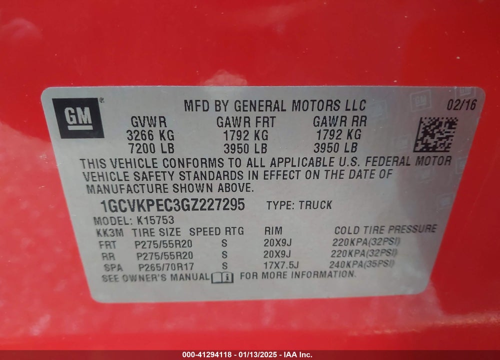 2016 CHEVROLET SILVERADO 1500 CUSTOM VIN: 1GCVKPEC3GZ227295