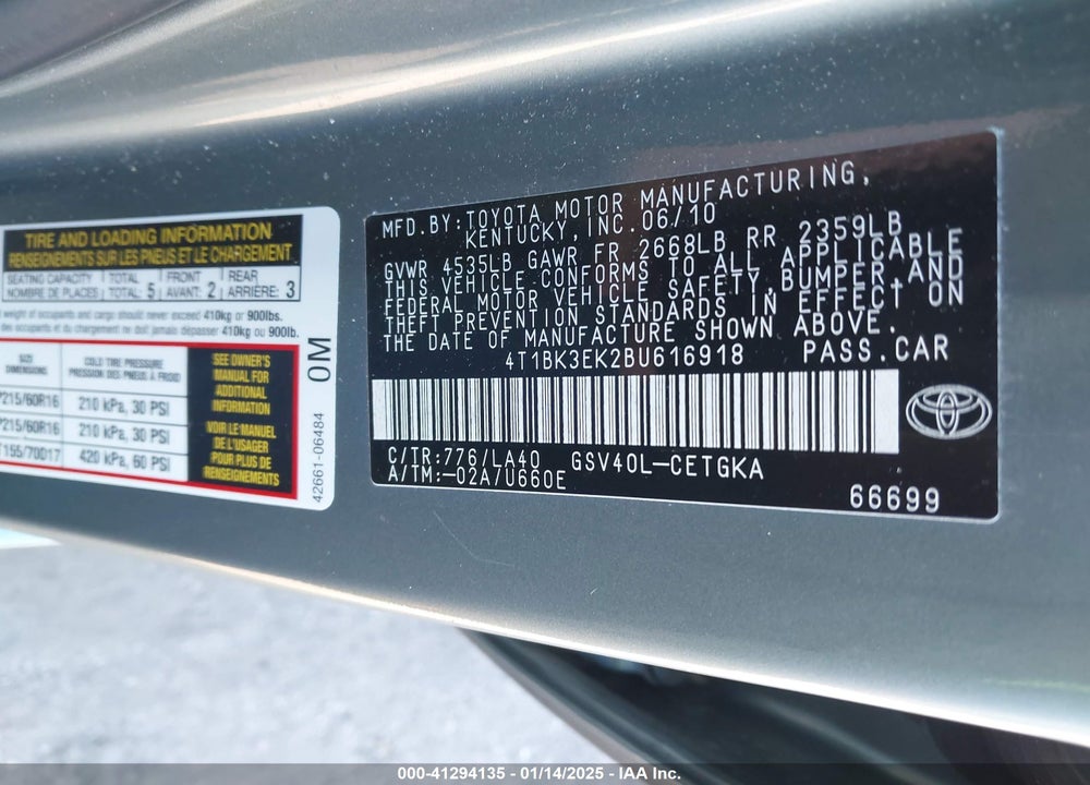 2011 TOYOTA CAMRY XLE V6 VIN: 4T1BK3EK2BU616918