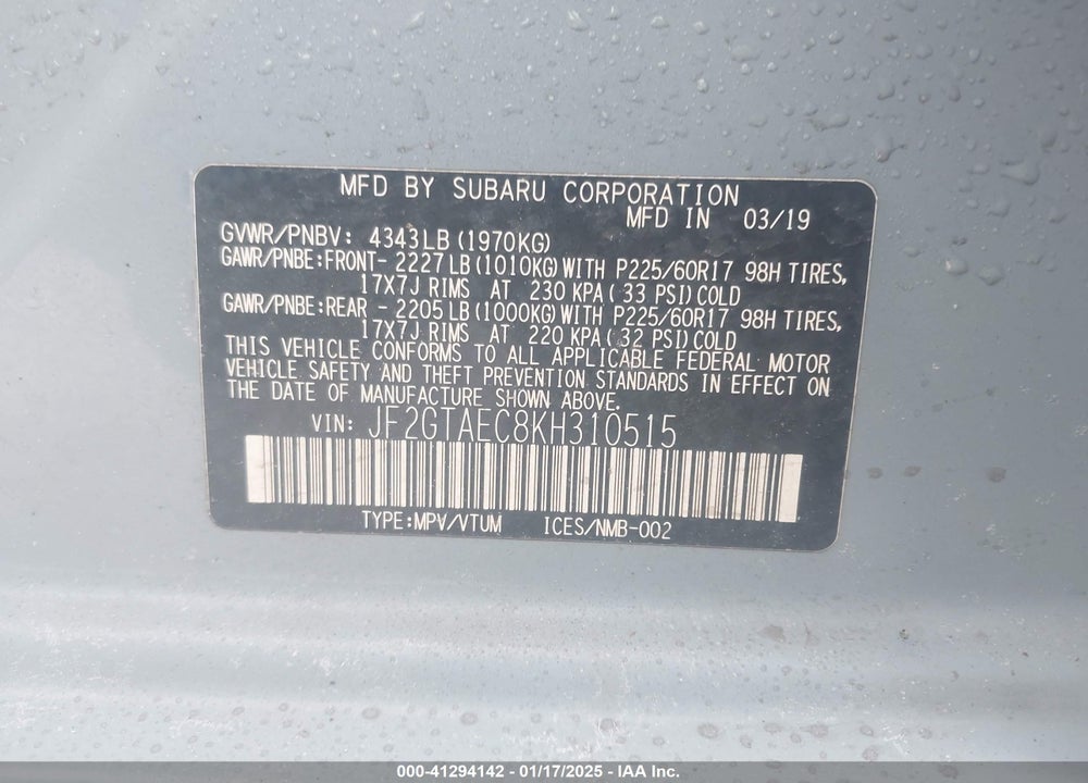 2019 SUBARU CROSSTREK 2.0I PREMIUM VIN: JF2GTAEC8KH310515