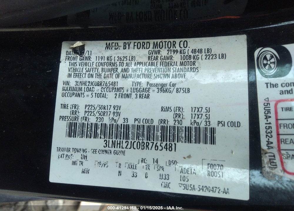 2011 LINCOLN MKZ VIN: 3LNHL2JC0BR765481