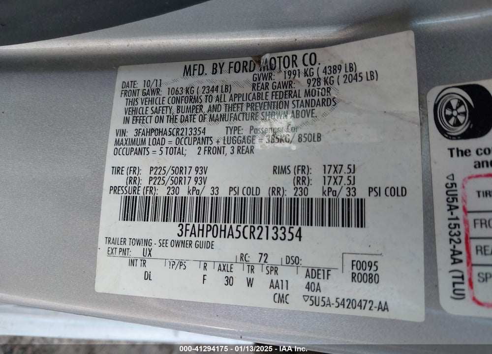 2012 FORD FUSION SE VIN: 3FAHP0HA5CR213354
