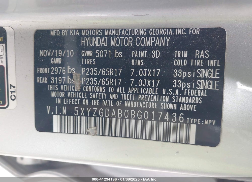 2011 HYUNDAI SANTA FE GLS VIN: 5XYZGDAB0BG017436