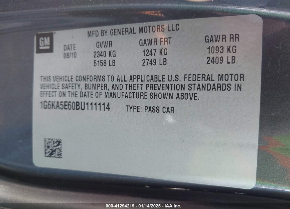 2011 CADILLAC DTS STANDARD VIN: 1G6KA5E60BU111114