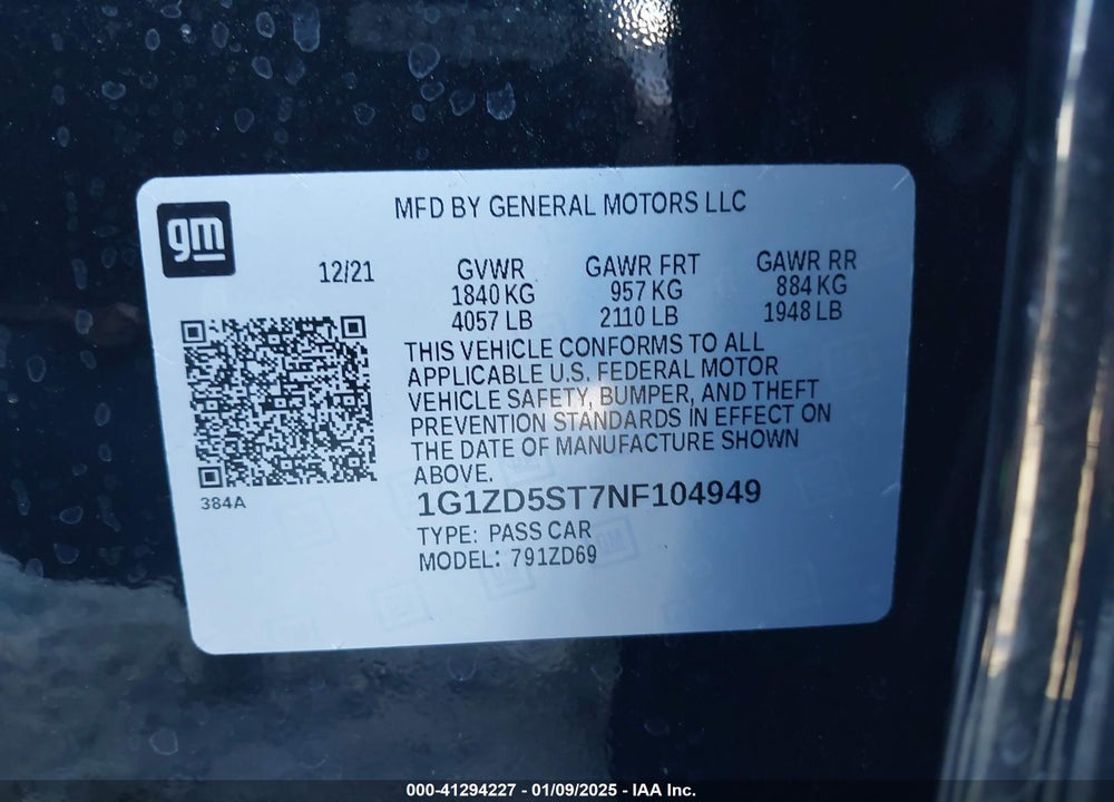 2022 CHEVROLET MALIBU VIN: 1G1ZD5ST7NF104949