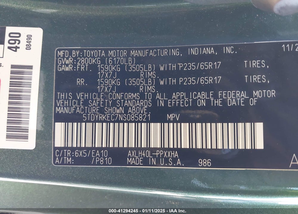 2022 TOYOTA SIENNA VIN: 5TDYRKEC7NS085821