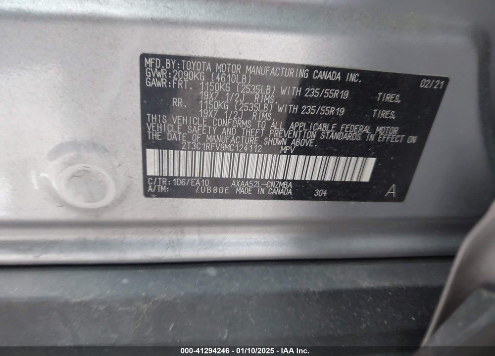 2021 TOYOTA RAV4 XLE PREMIUM VIN: 2T3C1RFV9MC124112