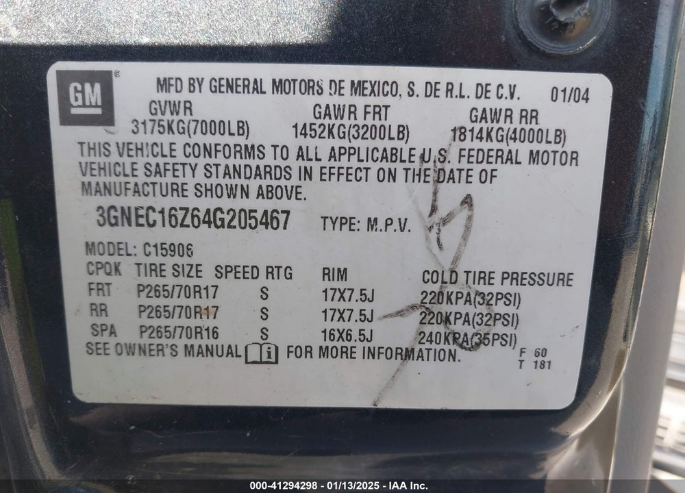 2004 CHEVROLET SUBURBAN 1500 LS VIN: 3GNEC16Z64G205467