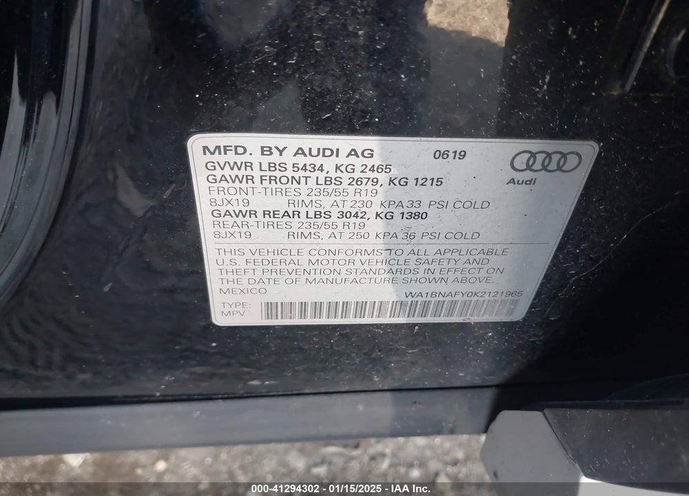 2019 AUDI Q5 45 PREMIUM VIN: WA1BNAFY0K2121965
