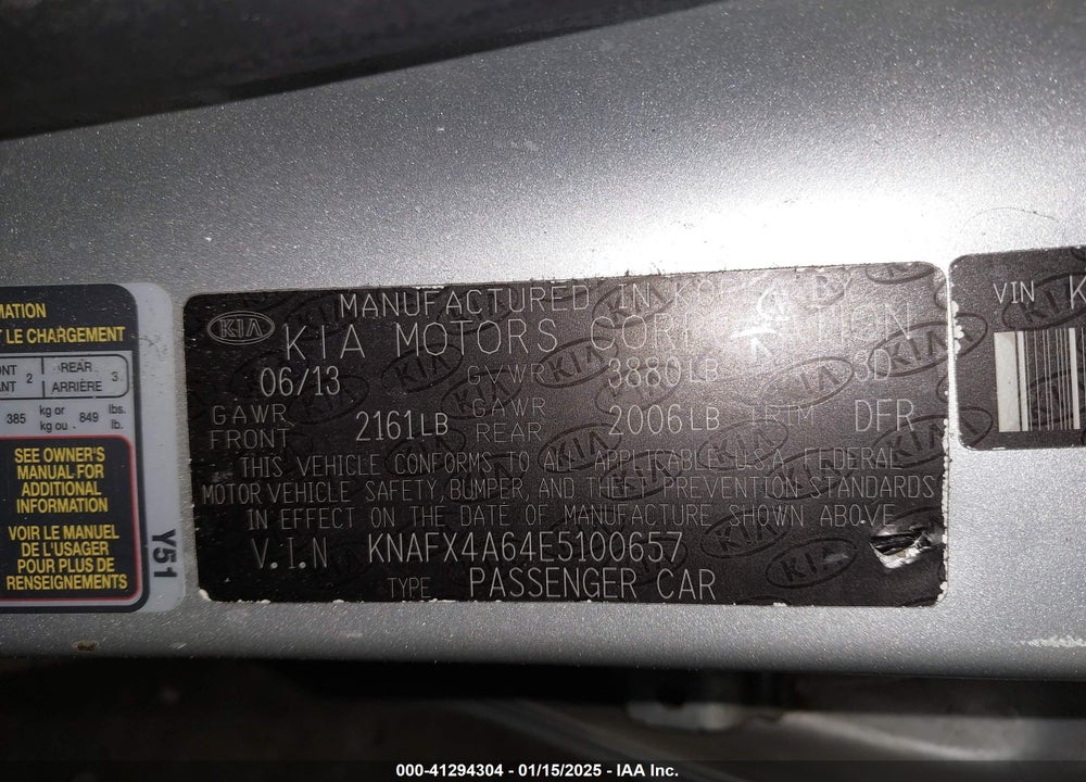 2014 KIA FORTE LX VIN: KNAFX4A64E5100657