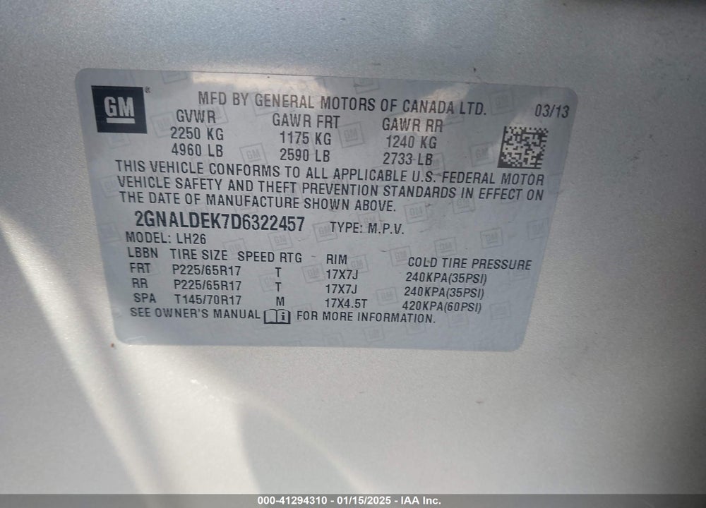 2013 CHEVROLET EQUINOX 1LT VIN: 2GNALDEK7D6322457