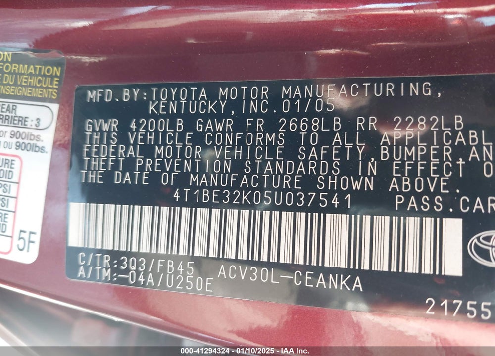 2005 TOYOTA CAMRY LE VIN: 4T1BE32K05U037541