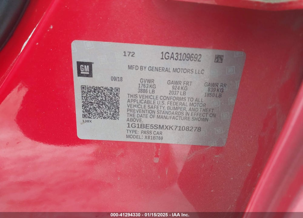 2019 CHEVROLET CRUZE VIN: 1G1BE5SMXK7108278