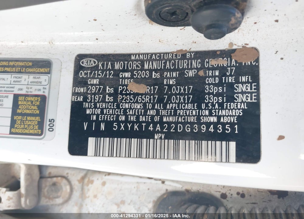 2013 KIA SORENTO LX V6 VIN: 5XYKT4A22DG394351