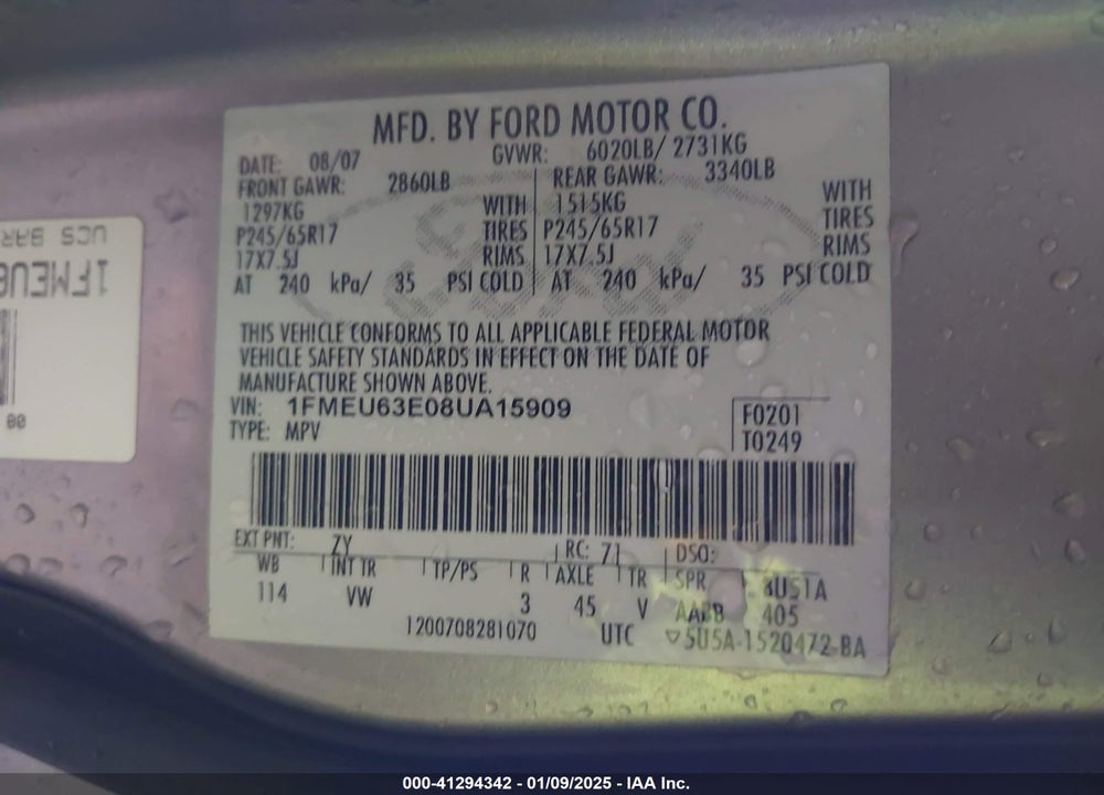 2008 FORD EXPLORER VIN: 1FMEU63E08UA15909