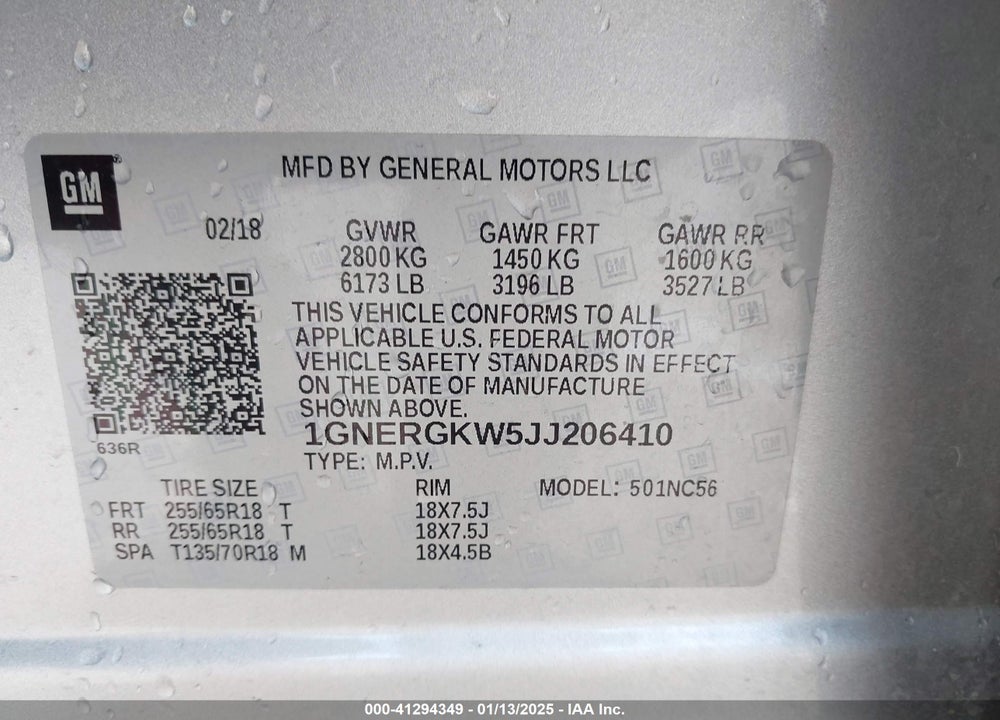 2018 CHEVROLET TRAVERSE 1LT VIN: 1GNERGKW5JJ206410