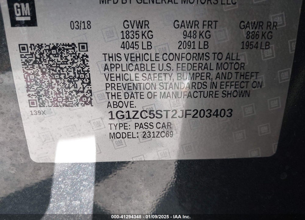 2018 CHEVROLET MALIBU 1FL VIN: 1G1ZC5ST2JF203403