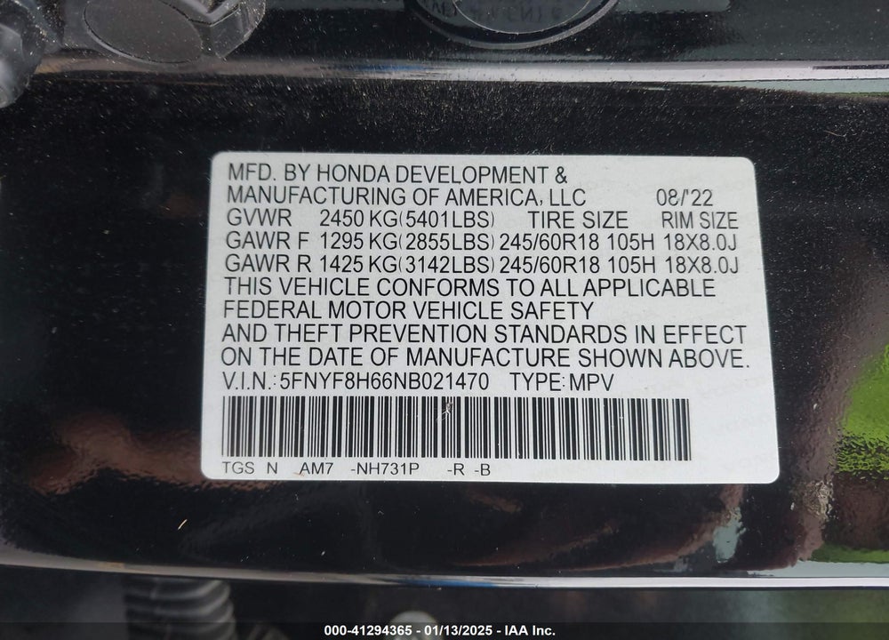 2022 HONDA PASSPORT VIN: 5FNYF8H66NB021470