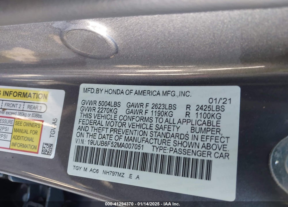 2021 ACURA TLX A-SPEC PACKAGE VIN: 19UUB6F52MA007051