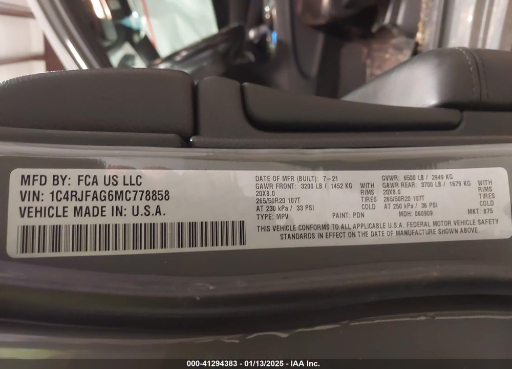 2021 JEEP GRAND CHEROKEE LAREDO X 4X4 VIN: 1C4RJFAG6MC778858