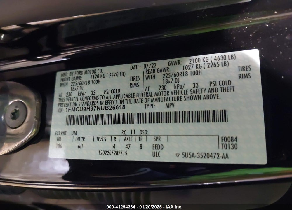 2022 FORD ESCAPE SEL VIN: 1FMCU9H97NUB26618