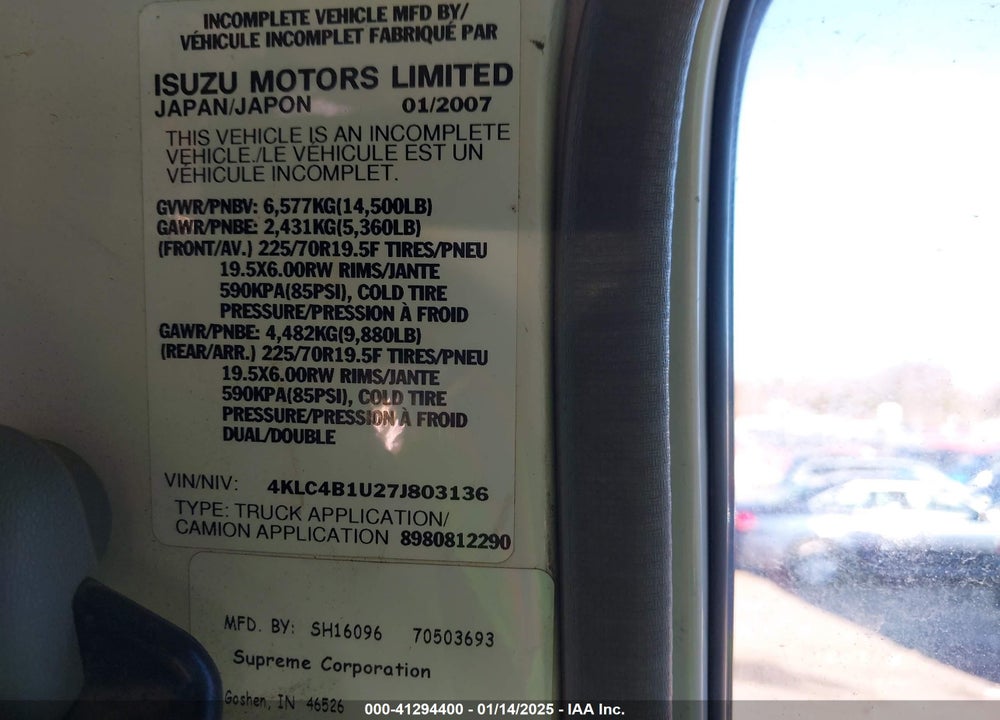 2007 ISUZU W4S042 NPR HD GAS REG VIN: 4KLC4B1U27J803136