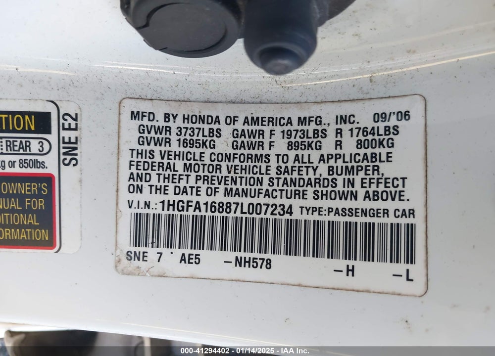 2007 HONDA CIVIC EX VIN: 1HGFA16887L007234