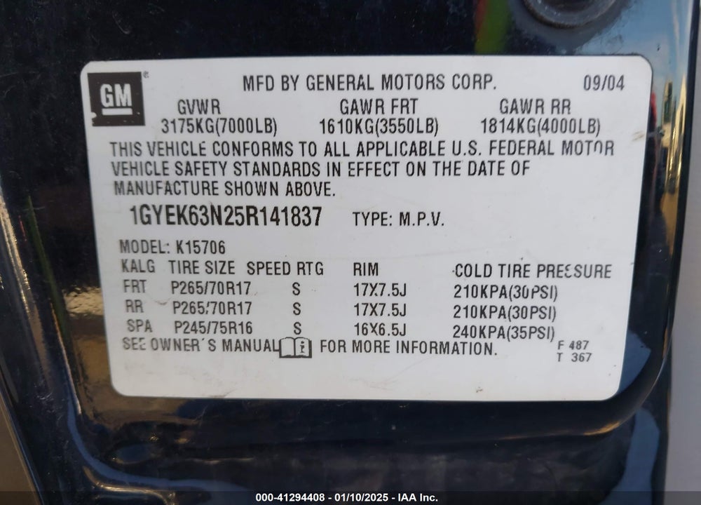 2005 CADILLAC ESCALADE STANDARD VIN: 1GYEK63N25R141837