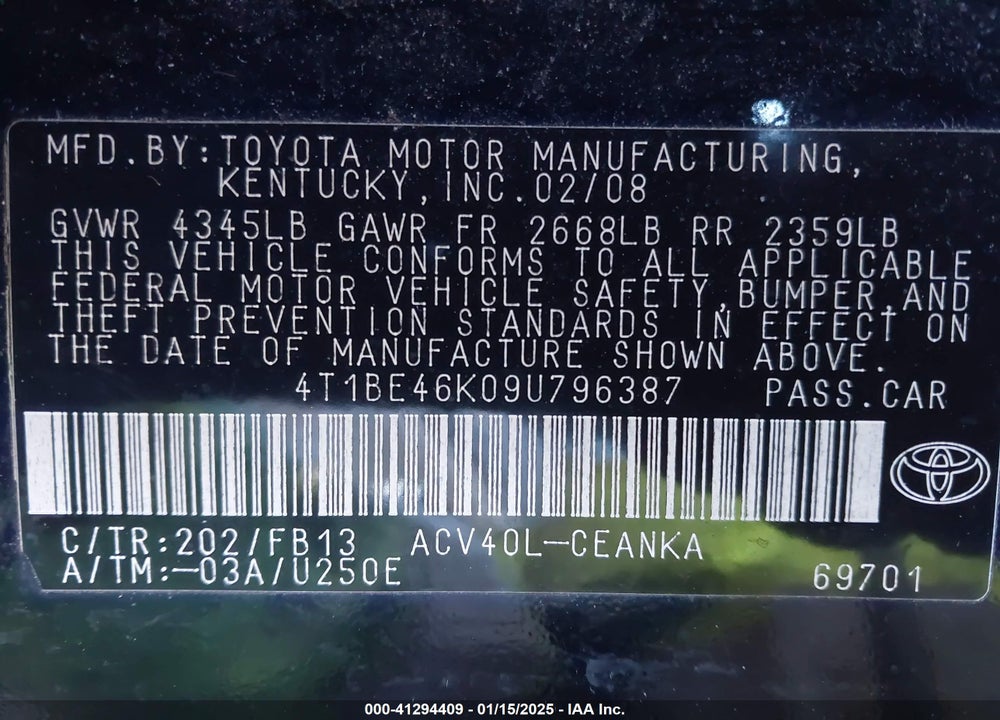 2009 TOYOTA CAMRY LE VIN: 4T1BE46K09U796387
