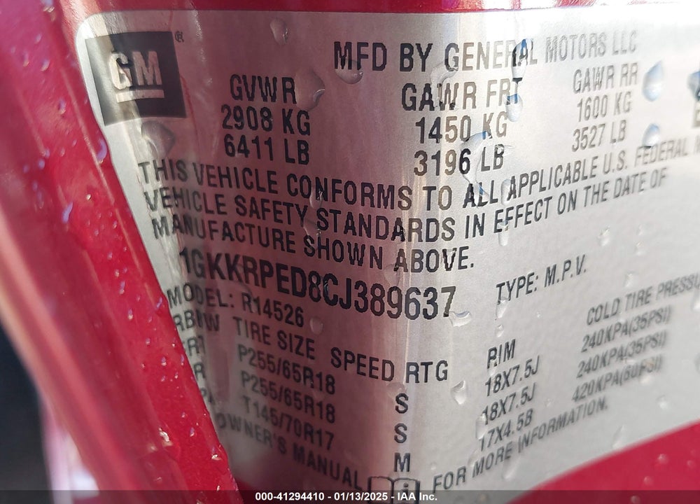 2012 GMC ACADIA SLE VIN: 1GKKRPED8CJ389637