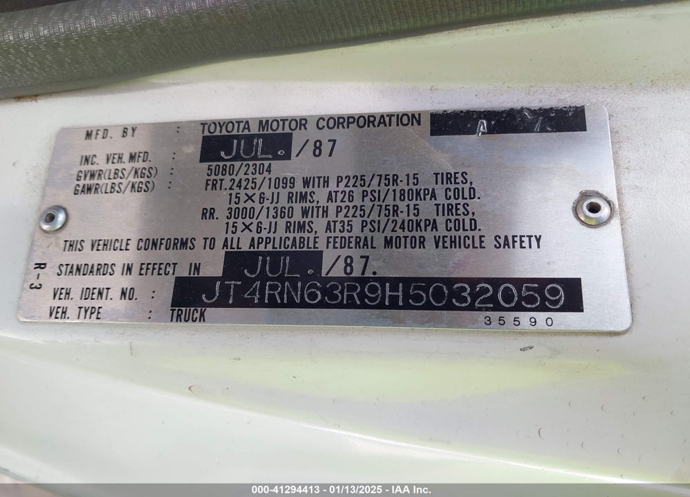 1987 TOYOTA PICKUP RN63 STD VIN: JT4RN63R9H5032059
