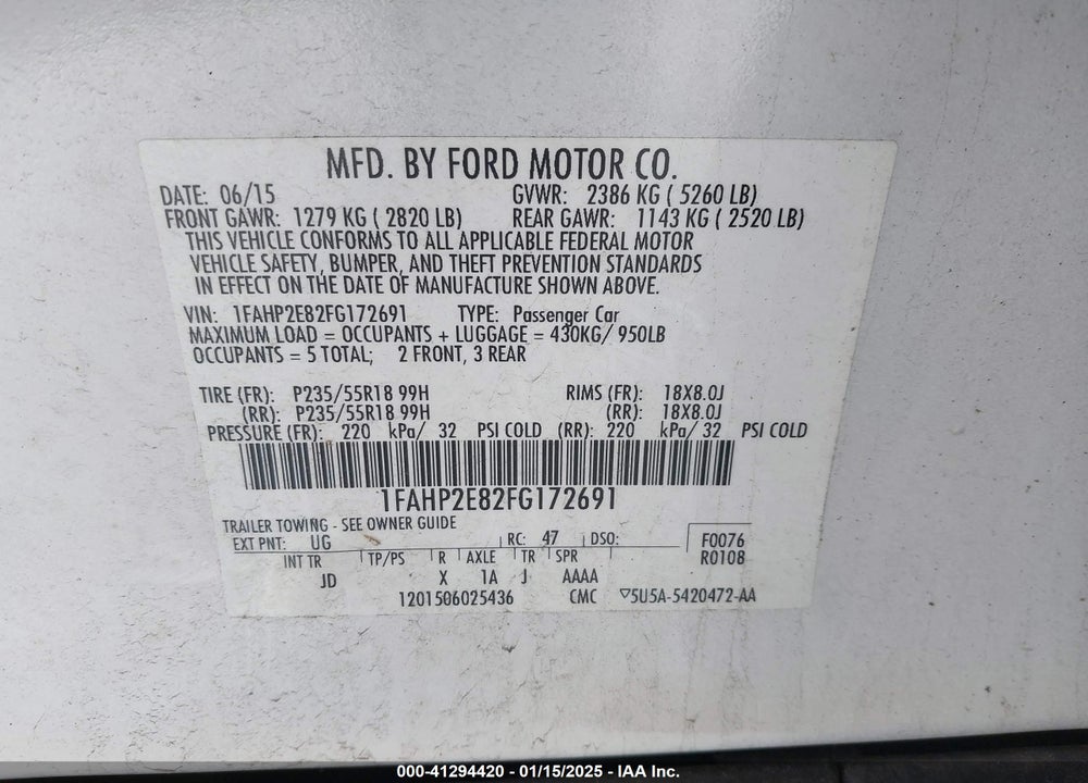 2015 FORD TAURUS SE VIN: 1FAHP2E82FG172691
